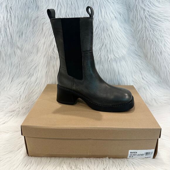 Steve Madden Maren Leather Mid-Calf Chelsea Boots Block Low Heel Dark Gray - Picture 2 of 8